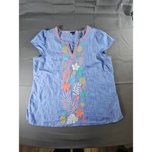 Talbots Women's Chambray Tropical Embroidered Shirt Linen-Cotton Blend LG